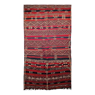 Vintage Moroccan Kilim Tribal Rug, Handwoven Wool, Red & Blue Stripes, 5' X 8' For Sale