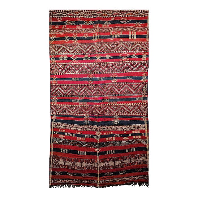 Vintage Moroccan Kilim Tribal Rug, Handwoven Wool, Red & Blue Stripes, 5' X 8' For Sale