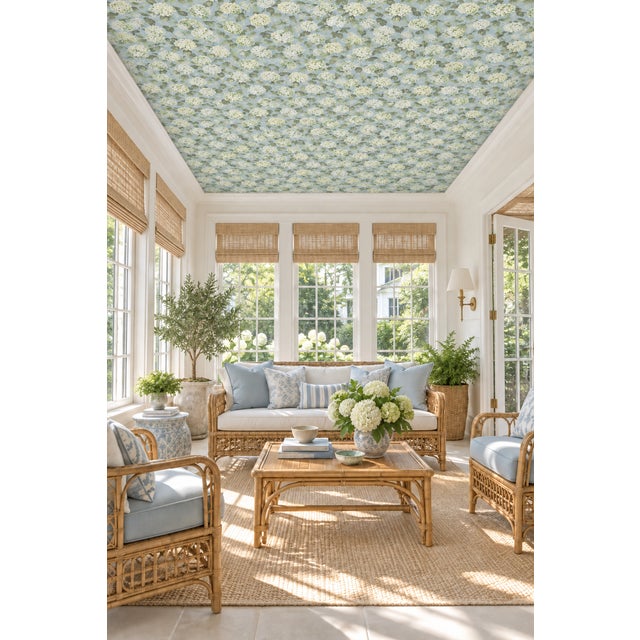 Traditional Hydrangea Blooms Floral Grasscloth Wallpaper by House Party | Limelight Green | 6 Yards For Sale - Image 3 of 10