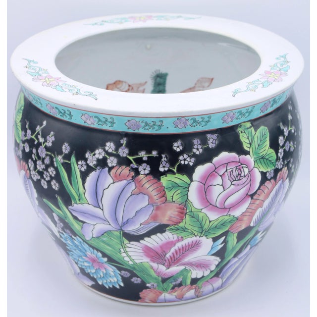 Ceramic Mid 20th Century Asian Black Floral Koi Fish Ceramic Planter For Sale - Image 7 of 9