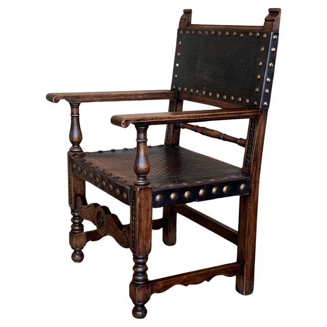 19th Century Spanish Colonial Altar Carved Armchair with Leather Seat and Back For Sale - Image 15 of 18