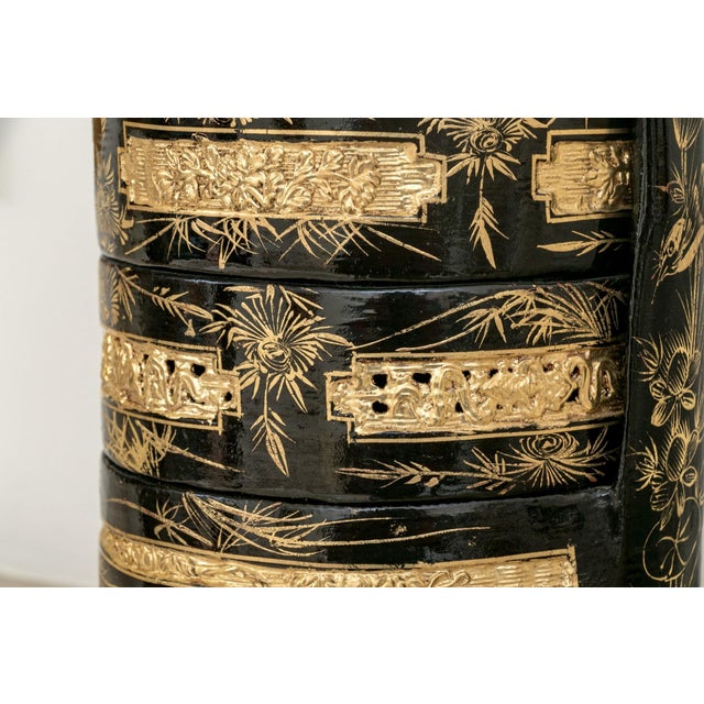 Chinese Antique Chinese Black Lacquered Three-Tiered Wedding Basket For Sale - Image 3 of 11