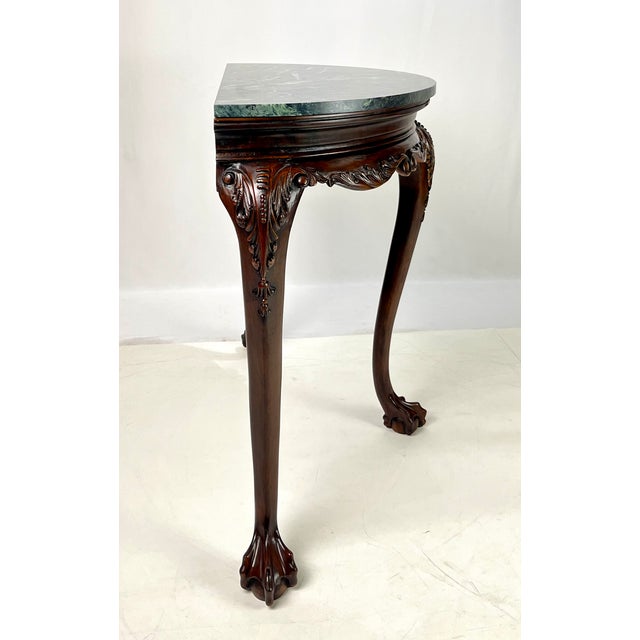 Vintage Chippendale Style Carved Mahogany Green Marble Top Demilune Console Table For Sale - Image 4 of 13