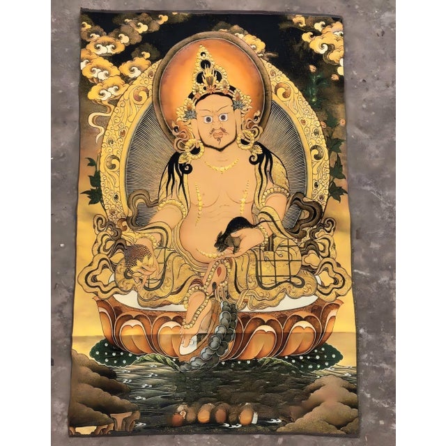 Xizang Embroidery and Brocade Thangka Buddha Painting - Wrathful Deity Protector Wall Art - Hand Painted Buddhist Sacred Scroll Mid 20th Century For Sale - Image 4 of 7