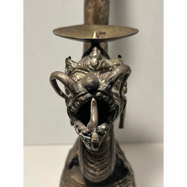 Metal Vintage Chinese Cast Metal Candle Stake Dragon Shape 23"h Plus 2 Candles For Sale - Image 7 of 12