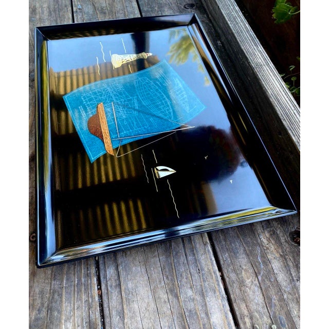 Mid-Century Modern Rare Vintage Couroc of Monterey "Blueprints Under Sail Ii" Mid-Century Modern Nautical Cocktail Tray For Sale - Image 3 of 9
