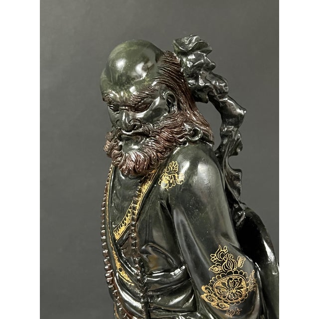 Dark Green Chinese Art Large Carved Dark Green Soapstone Bodhidharma Statue For Sale - Image 8 of 13
