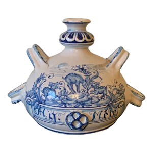 Vintage Italian Hand Painted Blue and White Faience Pottery Jug Vase