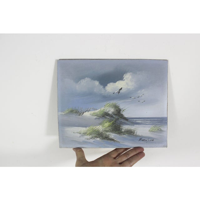 Blue Vintage Oil Painting, Seascape Beach Scene, Unframed Muted, Natural Colours, Sand Dunes, Waves, Seagulls Pampas Grass, Beach House Decor Art For Sale - Image 8 of 9