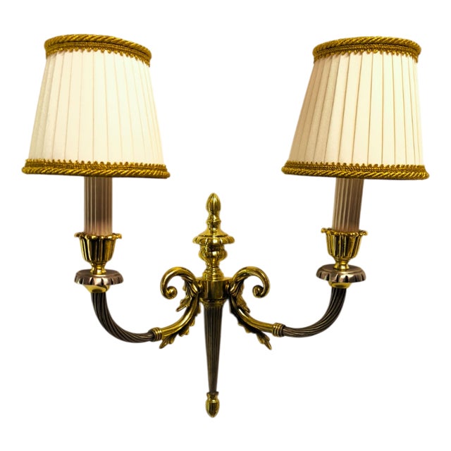 Brass Wall Lamp with Silk Lampshades, 1950s For Sale