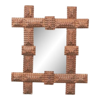 Petite Turn of the Century French Brown Tramp Art Mirror with Protruding Corners For Sale