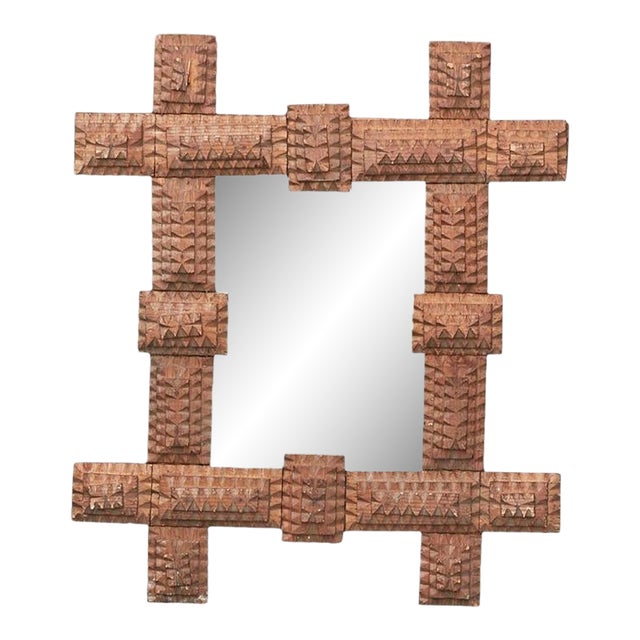Petite Turn of the Century French Brown Tramp Art Mirror with Protruding Corners For Sale