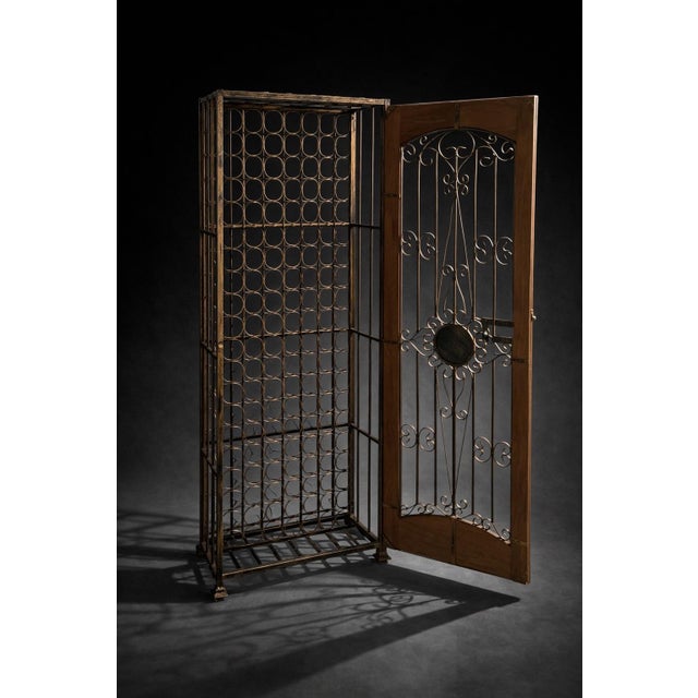 Late 20th Century Tall Iron & Wood Wine Cabinet / Bar Display (72” H X 25” W X 15” D) With Locking Door & Scrollwork Front For Sale In Los Angeles - Image 6 of 8