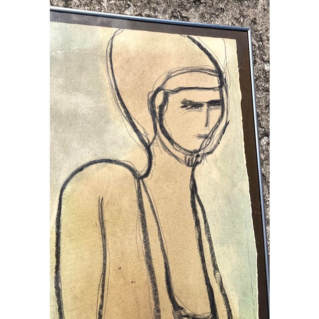 Figurative Vintage Boho Original Pastel and Watercolor Figurative Drawing on Paper For Sale - Image 3 of 6