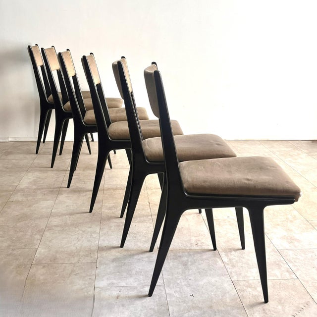 Dining Chairs in Black Lacquered Wood and Velvet attributed to Silvio Cavatorta, Italy, 1950s, Set of 6 For Sale - Image 12 of 12