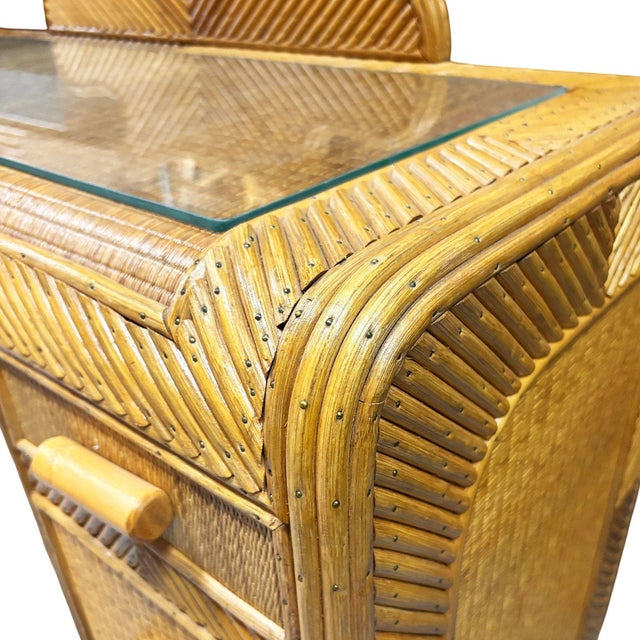 Restored Art Deco Stick Reed Rattan Vanity W/ Round Mirror & Stool For Sale - Image 9 of 17