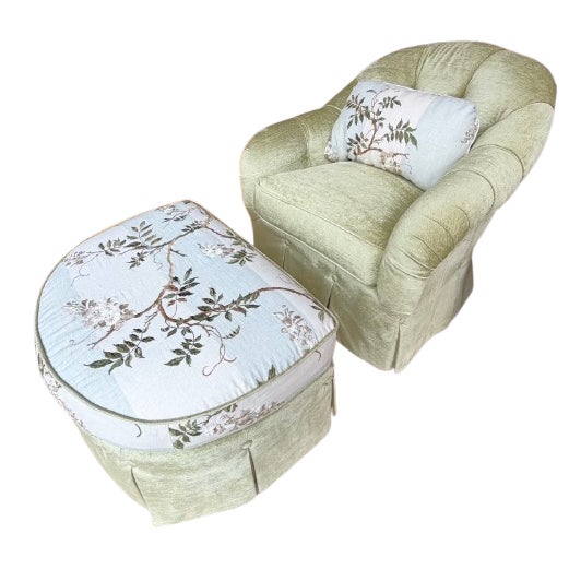 Custom Tufted Spring Green Floral Lounge Chair and Ottoman in Colefax and Fowler For Sale - Image 11 of 18