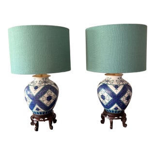 Vintage Blue & White Chinoiserie Ginger Jar Lamps With Custom Teal Linen Shades - a Pair For Sale