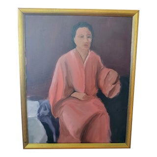 Vintage Impressionist Style Woman in a Kimono Portrait Painting, Framed For Sale