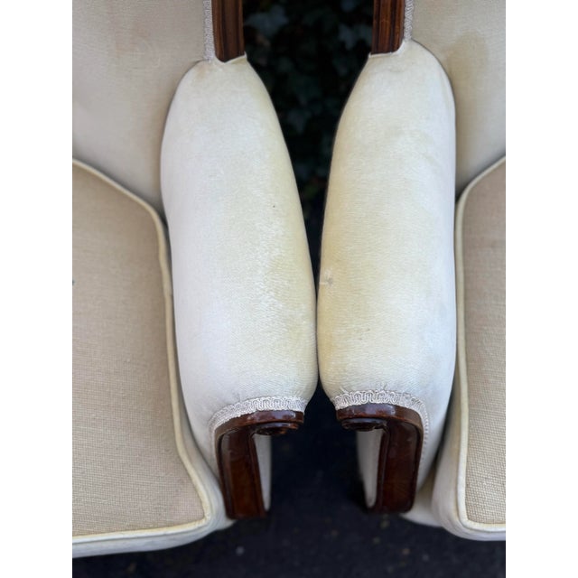French Vintage Louis XVI Upholstered Regency Wingback Chairs - A Pair For Sale - Image 3 of 12