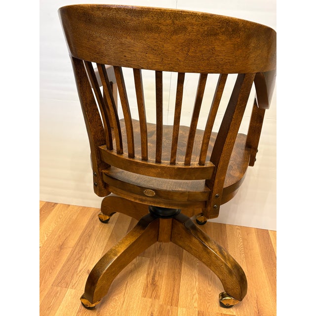 1930s Early 20th Century Vintage Solid Oak Rolling and Swivel/Tilt Bankers Desk Chair For Sale - Image 5 of 6