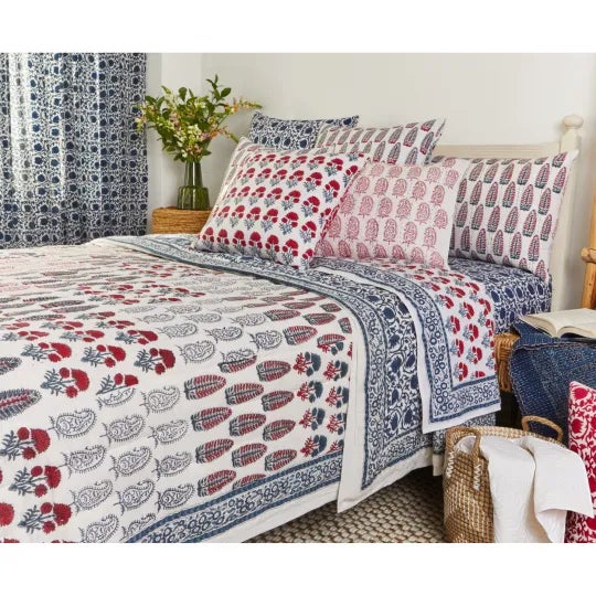Indian Checkerboard-Lotus King Blue & Red Reversible Quilt For Sale - Image 3 of 6