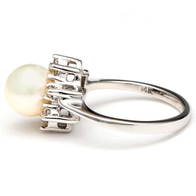 Contemporary 14KW Akoya Pearl & Diamond(0.16) Halo Ring, size 3.75 For Sale - Image 3 of 5