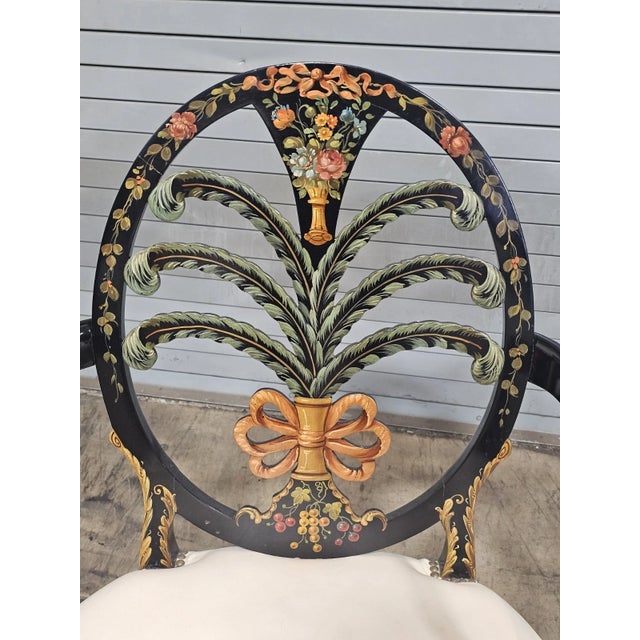 Karges Furniture Late 20th Century Pair of Karges Hepplewhite Plum Arm Chairs Ebonized, Carved Hand Painted Leather Fabric For Sale - Image 4 of 11