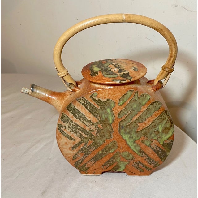 Orange Large Vintage Handmade John Shedd Pottery Gazed Stoneware Bamboo Teapot Kettle For Sale - Image 8 of 11