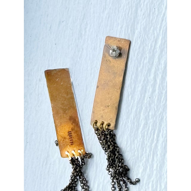 Vintage 1990s Brutalist Brass Gunmetal Chain Fringe Dangle Earrings, Pair For Sale - Image 11 of 11