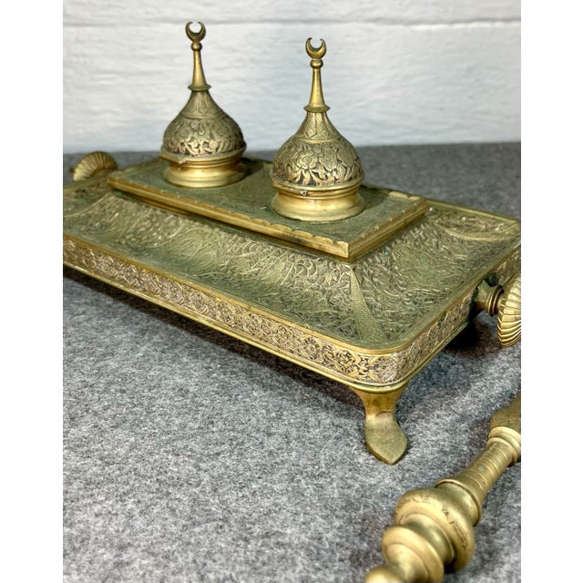 Antique Embossed Brass Double Inkwell For Sale - Image 4 of 11