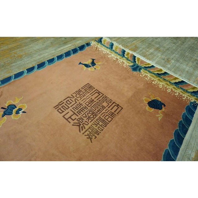 Adorable Salmon and Blue Color With Unique Chinoiserie Antique Chinese Ningxia Rug For Sale - Image 4 of 5