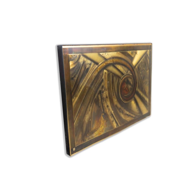 A dynamic brutalist acid-etched metallic design wall art by Bernhard Rohne for Mastercraft. Circa 1970s. Original gallery...