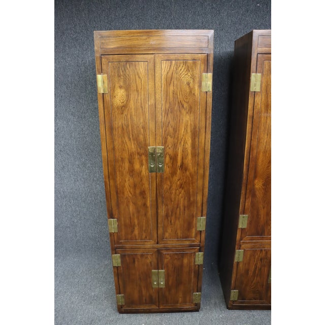 Henredon Mid Century Campaign Style Oak Armoires a Pair Chairish