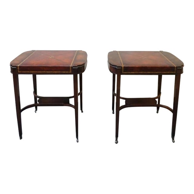 Pair Mid Century Regency Weiman Tooled Leather Top Mahogany Side Tables For Sale