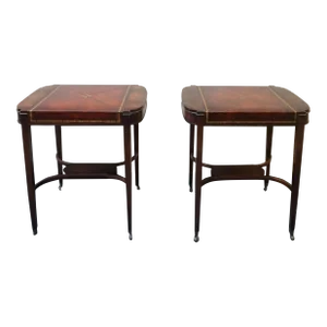 Pair Mid Century Regency Weiman Tooled Leather Top Mahogany Side Tables