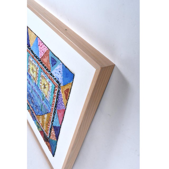 Blue Contemporary Painted Quilted Textile Art on Canvas in Cerused Frame For Sale - Image 8 of 12