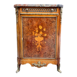 1920s Antique French Inlaid Marquetry Marble Top Cabinet For Sale