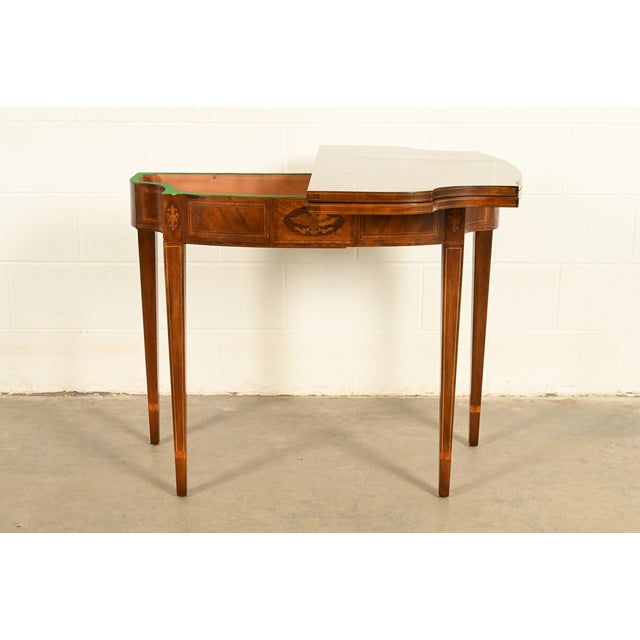 1980s Baker Furniture Federal Inlaid Mahogany Flip-Top Console or Game Table For Sale - Image 5 of 17