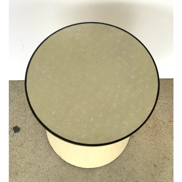Original Retail $1350, stylish Made Goods Textured Cream Vinyl Ryleigh Stool, black banding detail, showroom floor sample