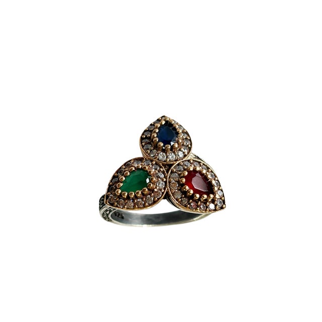 1960s Vintage Natural Ruby, Emerald, Sapphire & Diamond Ring - 925 Sterling Silver Size 8 For Sale - Image 5 of 9
