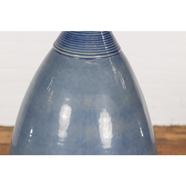 Blue Artisan Made Prem Collection Tall Blue Glazed Vase with Striated Motifs For Sale - Image 8 of 12