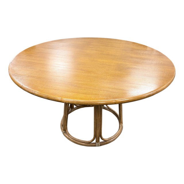 Vintage Round Dining Table in Oak and Bamboo, 1970s For Sale