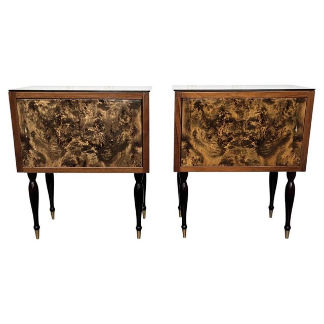 Mid-Century Italian Art Deco Style Nightstands in Walnut with Glass Tops, 1950s, Set of 2 For Sale - Image 11 of 11