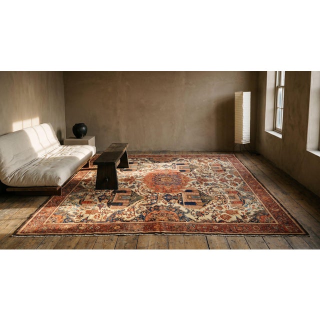 Textile 1890s Ivory Rustic Medallion Antique Persian Malayer Rug 12'4" X 15'10" Handknotted Wool Carpet For Sale - Image 7 of 8