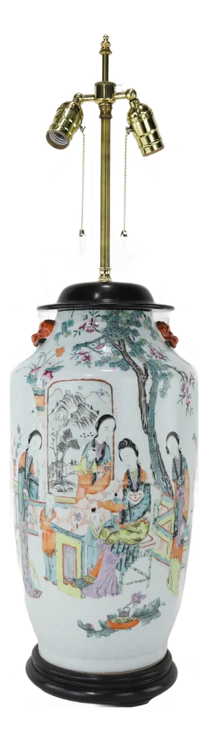 Antique Chinese Porcelain Vase Table Lamp With Figures & Floral Motifs