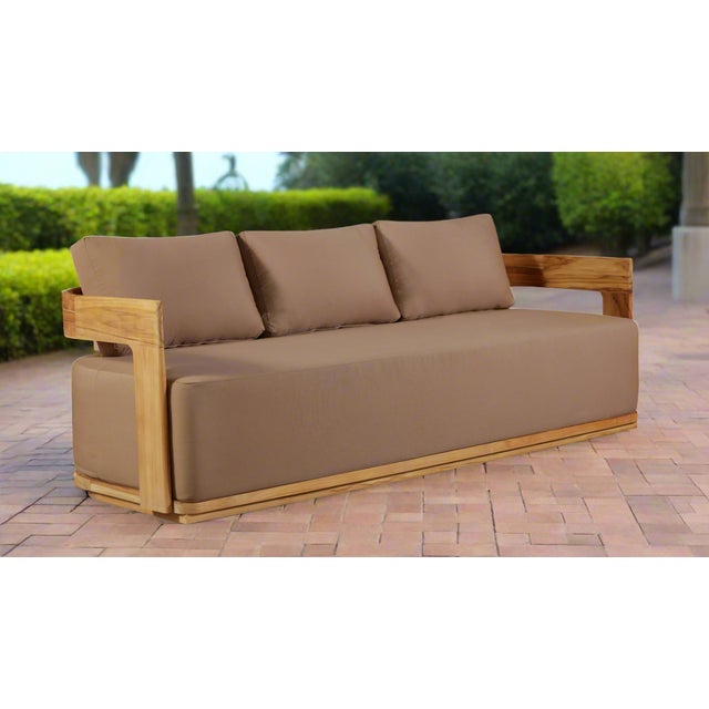 Brown Eclipse Outdoor Solid Teak Wood Sofa - Light Brown Fabric For Sale - Image 8 of 9