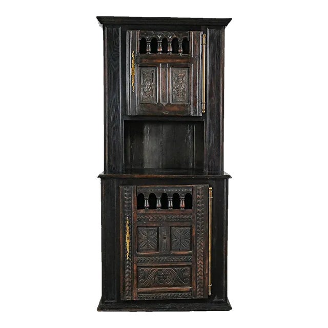 Vintage Spanish Colonial Revival Style Oak Cupboard Hutch Cabinet or Dry Bar Hand Carved For Sale