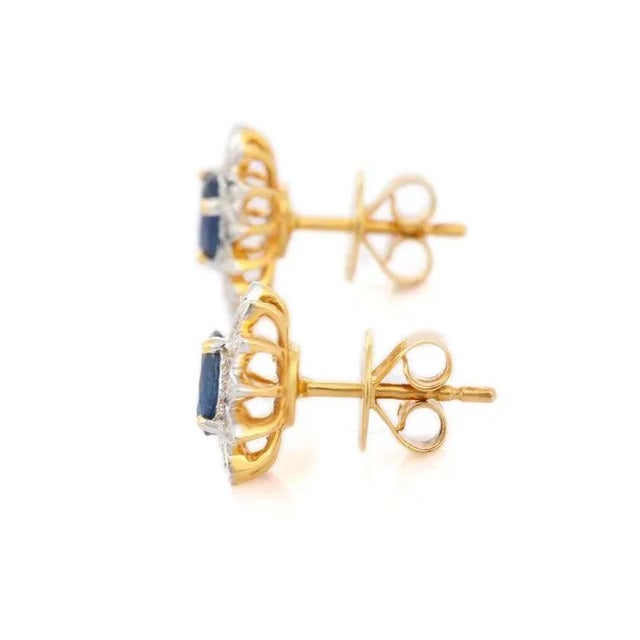 Natural Blue Sapphire and Diamond Flower Studs in 18 Karat Solid Yellow Gold- 2 Pieces For Sale - Image 4 of 8