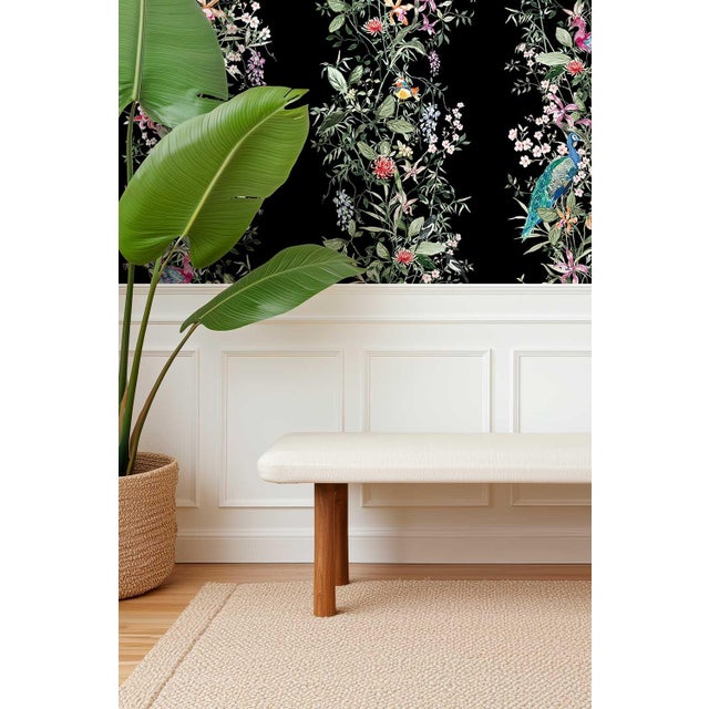 Textile Mahjong Floral Stripe Grasscloth Wallpaper by House Party | Blank Black | 8 Yards For Sale - Image 7 of 8